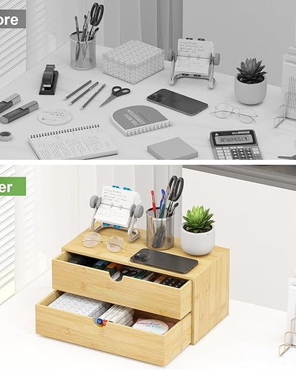 Bamboo Desk Organizer with Drawers - Small Desktop Storage Container for Countertop & Tabletop - No Assembly Required