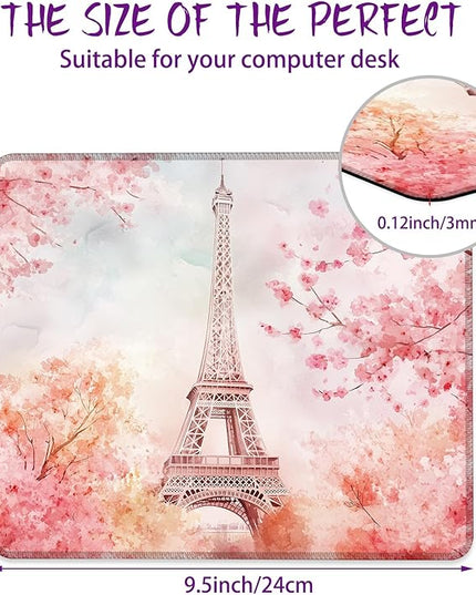 Cherry Blossoms and Eiffel Tower Mouse Pad Square Mouse Pads with Stitched Edge, Computer Mousepad with Non-Slip Rubber Base for Computer Laptop Office Desk Accessories 9.5x8 Inches