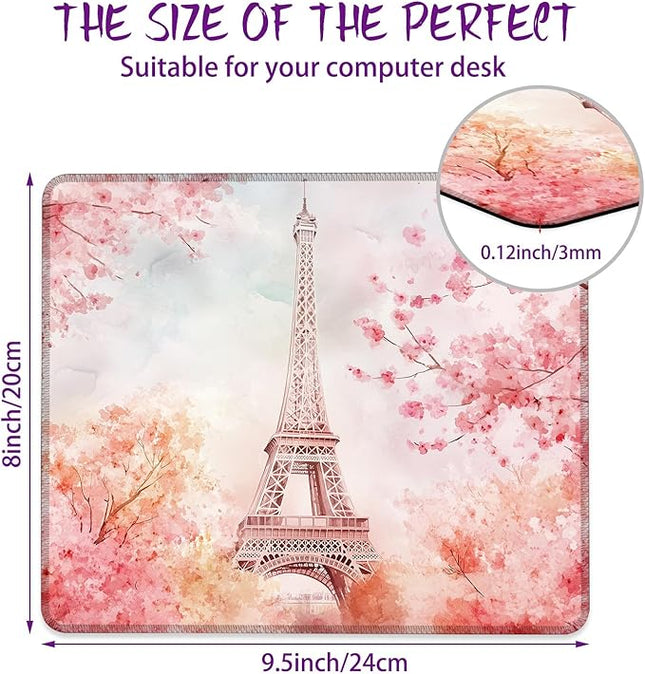 Cherry Blossoms and Eiffel Tower Mouse Pad Square Mouse Pads with Stitched Edge, Computer Mousepad with Non-Slip Rubber Base for Computer Laptop Office Desk Accessories 9.5x8 Inches
