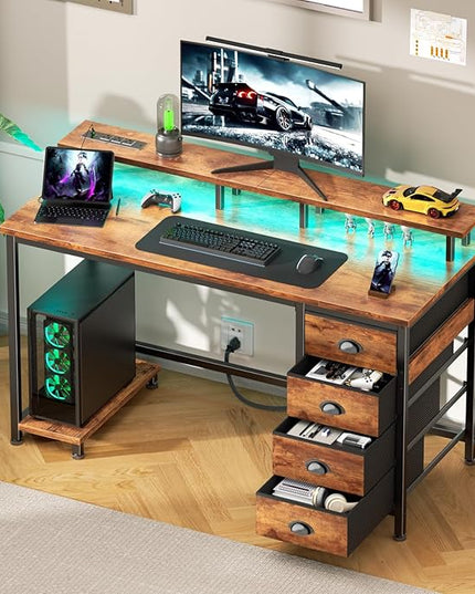 Furologee 47" Computer Desk with 4 Fabric Drawers & Monitor Stand, Gaming Desk with Power Outlets - LED Lights, Home Office Space-Saving Study Table for Bedroom Small Spaces (Rustic Brown)