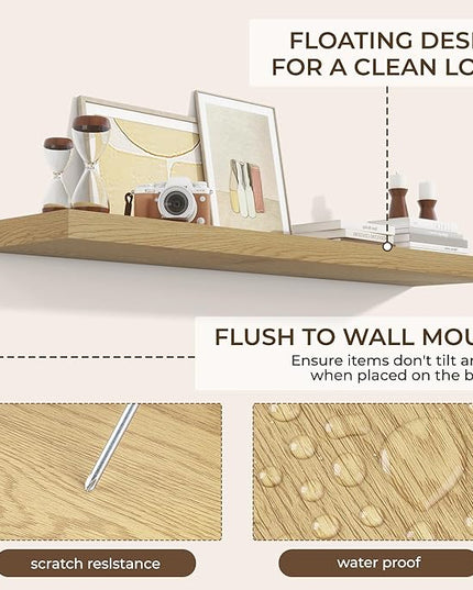 RICHFOCUS 55Inch Floating Shelves for Wall 1 Pack Shelves for Bedroom|Kitchen|Bathroom Wall Mounted Rustic Wood Floating Shelf with Invisible Brackets for Books|Storage|Decor, Oak