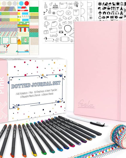 feela Dotted Journal Kit, Dot Grid Journal Hardcover Planner Notebook Set For Beginners Women Girls Note Taking with Journaling Supplies Stencils Stickers Pens Accessories, A5, 224 Pages, Pink