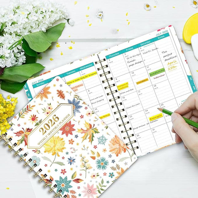 Ymumuda 2026 Planner, Daily Weekly and Monthly Planner，Jan 2026 - Dec 2026, 8.4" x 6.3", 2026 Calendar Planner Book with Tabs, Spiral Notebook with Inner Pocket for Office Home School Supplies