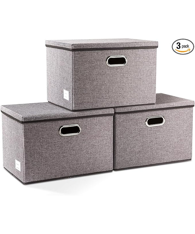 PRANDOM Large Collapsible Storage Bins with Lids [3-Pack] Linen/Cotton Blend Foldable Storage Boxes Organizer Containers Baskets Cube with Cover for Home Bedroom Closet Office Nursery(17.7x11.8x11.8)
