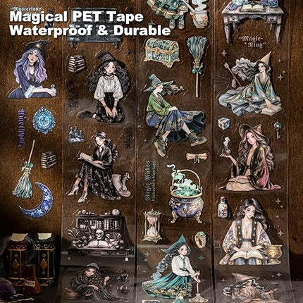 AuriicLeaf Magic-Themed PET Sticker Tape Set – 6 Rolls Pre-Cut Fantasy Witch Designs, Adhesive, with Clip for Scrapbook, Journal and DIY Decoration