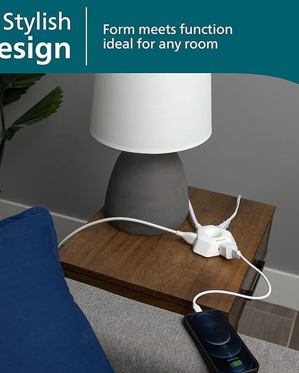 Philips EZGrip Indoor Extension Cord with Multiple Outlets, 3 Prong Grounded Cord, Short Extension Cord, Ergonomic Design, 16AWG, 4ft Braided Cord, ETL Listed, White, SPS3574W/37