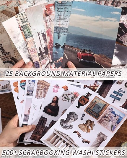 57 Sheets Vintage Travel Scrapbook Sticker Book, 500+ Vintage & Modern Stickers for Scrapbooking, 25 Pcs Ephemera Papers Art Scrapbook Supplies for Adults Teens Women Girls Junk Journal Journaling