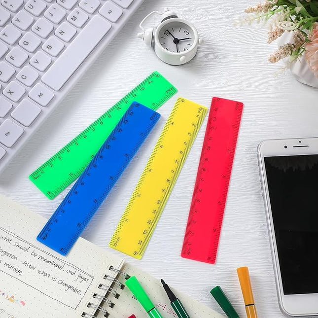 32 Pack 6 Inch Mini Rulers Bulk Plastic Small Rulers with Inches and Centimeters, Drafting Measuring Tool Set for Classroom Kids Student School Office Supplies(6 Inch,Yellow, Green, Blue, Red)