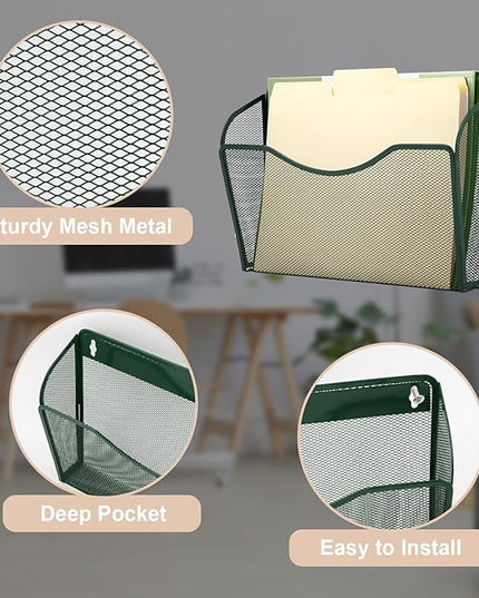 EASEPRES 3 Single Pocket Mesh Hanging File Organizer, Vertical Wall Mounted Magazine File Holder, Mount Basket Mail Paper Document Folder Organizing for Office, Home and School, Dark Green