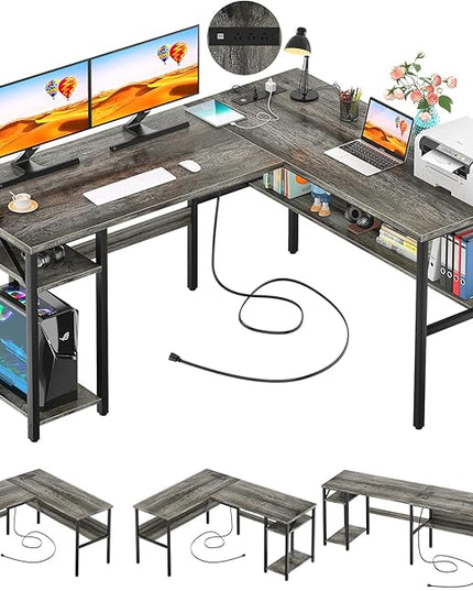 Unikito Reversible L Shaped Desk with Magic Power Outlets and USB Charging Ports, Sturdy Corner Computer Desk with Storage Shelves, Gaming Desk for Home Office, Easy to Assemble, Black Oak