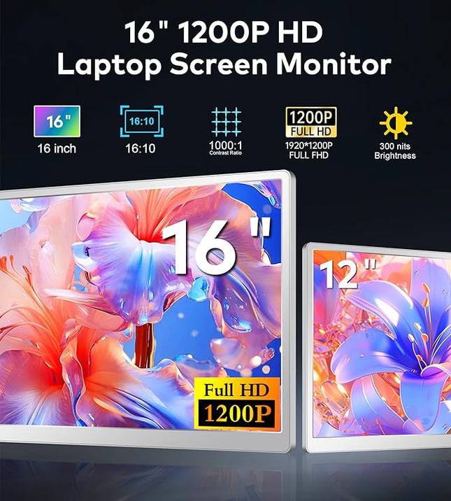 FOPO Portable Monitor for Laptop - 16” FHD 1200P Triple Monitor Laptop Screen Extender with HDMI and USB-C Connectivity for Effortless Multitasking-S11