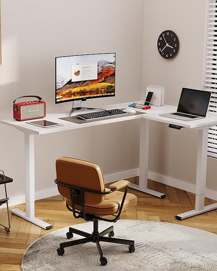 SANODESK Electric Height Adjustable 3 Leg Corner Desk Frame, up to 220lbs, Sit Stand Ergonomic L Shaped Frame Only, White