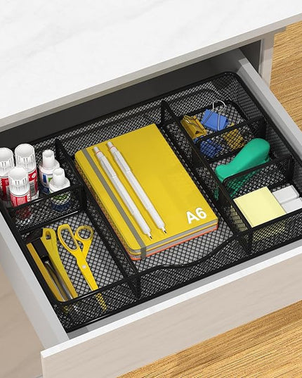 Desk Drawer Organizer Tray, Metal Mesh Drawer Organizer for Office & Home, 6 Adjustable Compartments, Black, 2 Pack - 12.87x8.73x1.96 inch