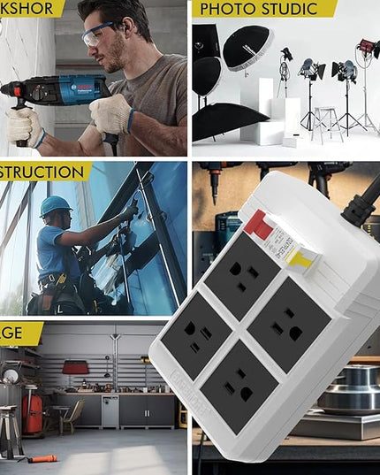 GFCI Power Strips with 9.84 FT Heavy Duty Extension Cord, 4 Gang Sockets 15A Fused SAFEMORE Power Strip 1875J with 30mA RCBO Leakage Protection, for Workshop Garage RV Indoor (White)