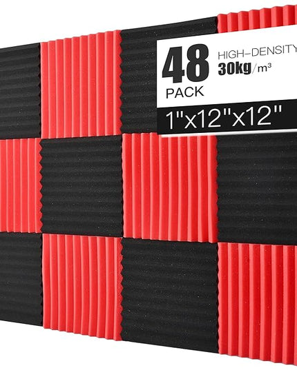Acoustic Foams Panels 48 Pack 1" x 12"x 12" Sound Proof Foam Panels for Walls High Density and Fire Resistant Soundproofing Panels Soundproof Studio Wedges Sound Dampening Panels Black Red