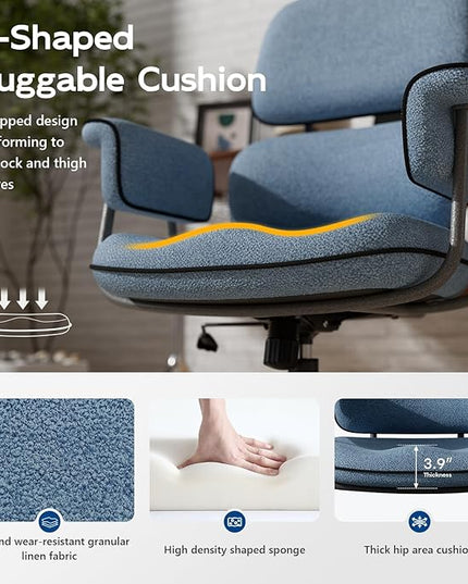 Blue Desk Chair with Wheels and Wide Arms, Soft Granular Linen Fabric Office Chair, Mid Back Vintage Comfy Home Office Desk Chairs with Memory Foam Seat Cushion, Adjustable Height