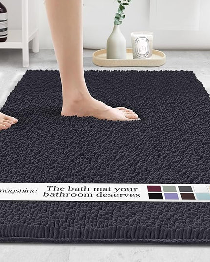 MAYSHINE Plush Shaggy Chenille Bath Mat | Extra Soft, Super Absorbent, Non-Slip Bathroom Rug | Fluffy Microfiber, Area Rug Sets for Bathroom Floor, Kitchen, Living Room | 59"x31" | Black