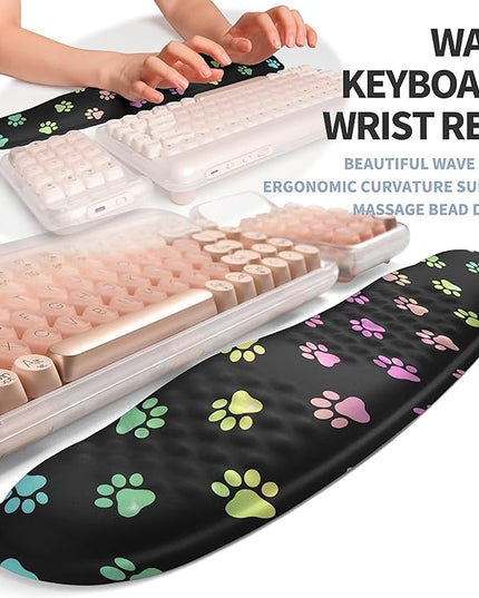 2-in-1 Ergonomic Set, Wave Keyboard Wrist Rest and Massage Slope Mouse Pad Wrist Support, Rebound Memory Foam for Relieve Carpal Tunnel Syndrome and Wrist Pain (Cute Cat Claws)