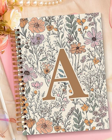 JXREQ Vintage Boho Floral Personalized Notebook, Initial Letter A Notebook Journal, Monogram Notebook, Monogrammed Gifts for Women, Boho Office Supplies, Flower Spiral Notebook 5.5x8.3
