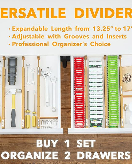 SpaceAid Bamboo Drawer Dividers with Inserts and Labels, Kitchen Adjustable Drawer Organizers, Expandable Organization for Home, Office, Dressers and Bathroom, 6 Dividers with 12 Inserts (13.25-17 in)