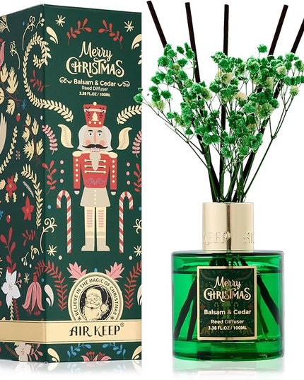 Airkeep Christmas Reed Diffuser Set,3.38 fl oz (100 ml) Reed Diffuser - Balsam&Cedar Oil Diffusers with 8 Reed Sticks, Home Fragrance Reed Diffuser for Bathroom Shelf Decor