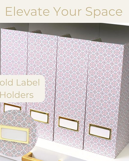 BLU MONACO | Foldable Magazine File Holder Set of 4 | Moroccan Tile Cardboard Organizers | Vertical Desk and Shelf Storage for Home Office Dorm | Decorative File Boxes