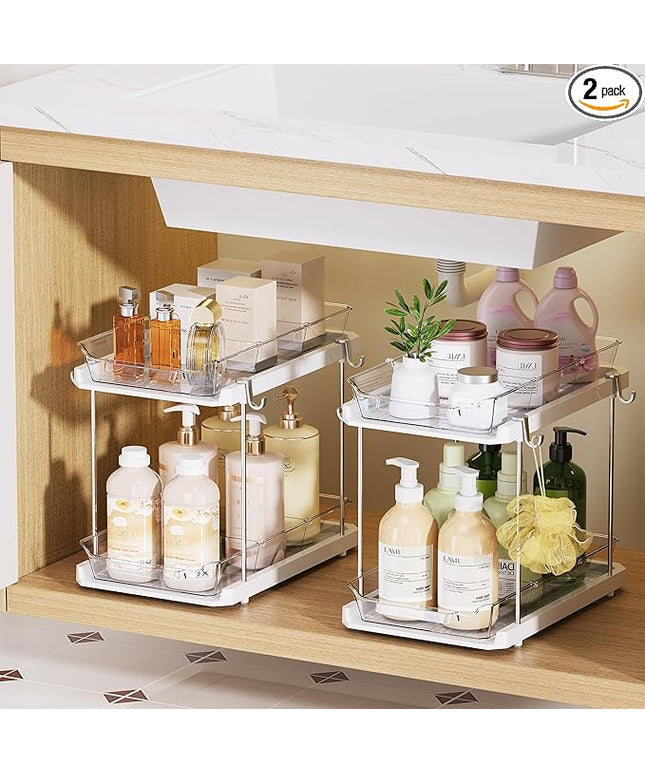 Delamu 2 Tier Bathroom Under Sink Organizers and Storage with Hook, Multi-Purpose Cabinet Drawers with Movable Dividers, Pull Out Organization for Countertop, Kitchen and Pantry(White, 2 Pack)