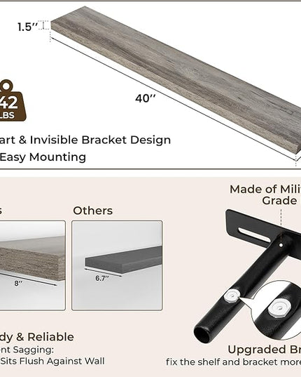 RICHFOCUS 40Inch Floating Shelves for Wall 2 Pack Shelves for Bedroom|Kitchen|Bathroom Wall Mounted Rustic Wood Floating Shelf with Invisible Brackets for Books|Storage|Decor, Grey