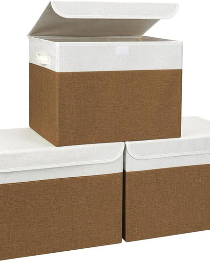 Large 17" 42 Quarts Collapsible Stackable Storage Bins with Lids [3-Pack] Foldable Fabric Linen Storage Boxes Cube, Closet Organizer Baskets with Label for Home (16.7 x 12 x 12", Brown & White)