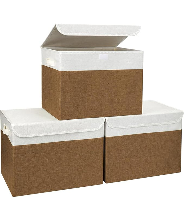 Large 17" 42 Quarts Collapsible Stackable Storage Bins with Lids [3-Pack] Foldable Fabric Linen Storage Boxes Cube, Closet Organizer Baskets with Label for Home (16.7 x 12 x 12", Brown & White)
