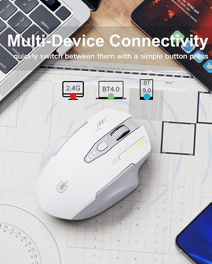 Wireless Bluetooth Mouse,[Upgraded] Rechargeable Computer Mice (BT 5.0/4.0+2.4G Hz) with Visible Battery Level, 4 Adiustable DPl, Portable PC Mouse for MacBook Chromebook