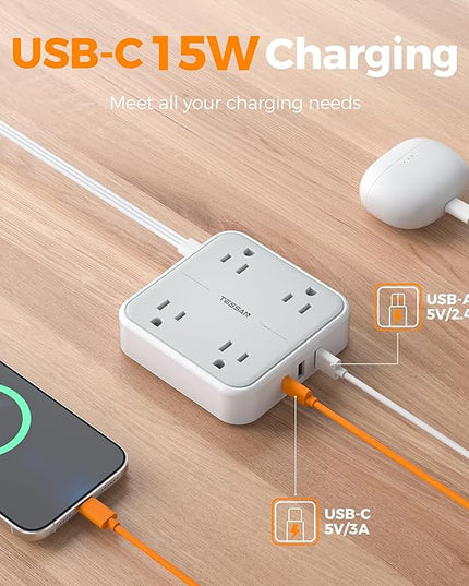 Flat Plug Extension Cord 5 Ft, TESSAN Surge Protector Power Strip Ring Pull with 3 USB (1 USB C) 4 Outlets, 900 Joules Protection, Desktop Charging Station for Home, Office, College, Dorm Room, Gray