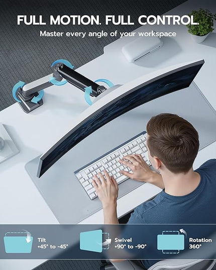 ARES WING Ultrawide Monitor Arm, Heavy Duty Single Monitor Mount for 13"-49" Curved Screens, Adjustable Stand for Desk with C-clamp & Grommet Base up to 40 LBS, Gray