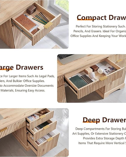 JXQTLINGMU 58" Modern Executive Desk with Storage, Wood Home Office Desk with 5 Drawers & 1 Cabinet, Fluted Computer Writing Desk for Study, Living Room, Bedroom, Oak