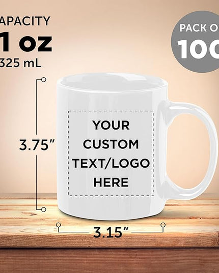 Custom Ceramic Coffee Mugs 11 oz. Set of 100, Personalized Bulk Pack - Coffee cup set, Iced coffee cup, Gaming mug - White