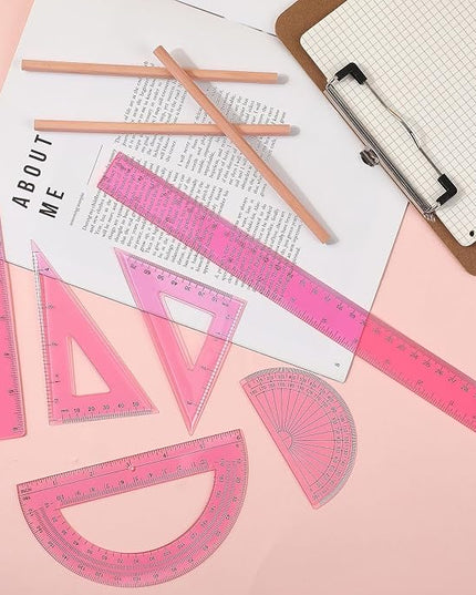 Tenare 1 Set Plastic Clear Math Set Includes Protractor Triangle Rulers 12 Inch 6 Inch Straight Geometry Math Transparent Ruler Measuring Tool for School Office Home Supplies(Pink)