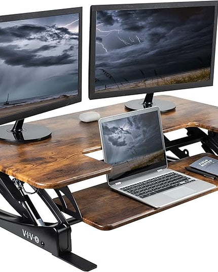 VIVO 42 inch Height Adjustable Stand Up Desk Converter, V Series, Quick Sit to Stand Tabletop Dual Monitor Riser Workstation, Rustic Vintage Brown Top, Black Frame, DESK-V000VLN