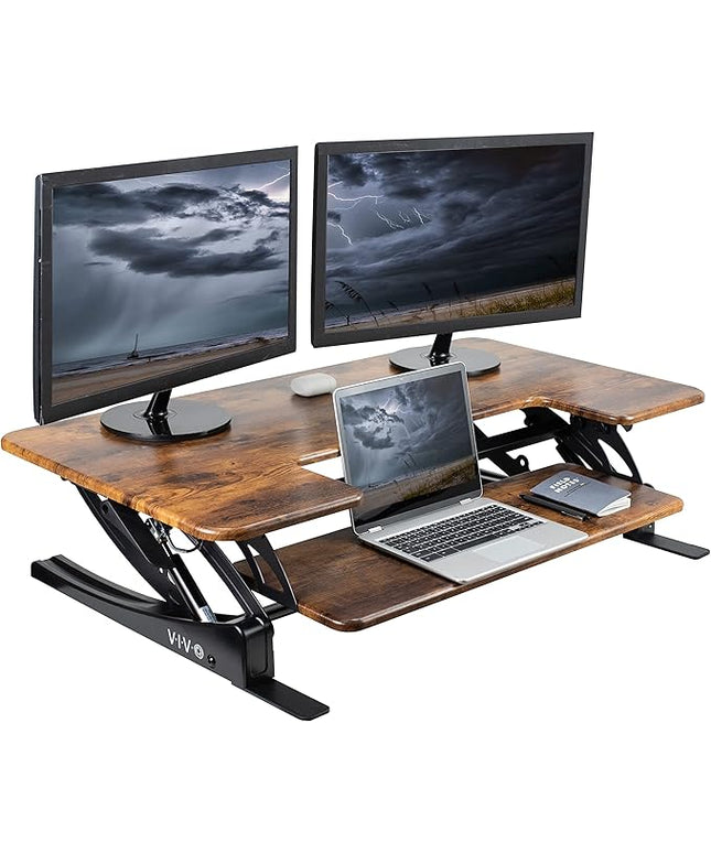 VIVO 42 inch Height Adjustable Stand Up Desk Converter, V Series, Quick Sit to Stand Tabletop Dual Monitor Riser Workstation, Rustic Vintage Brown Top, Black Frame, DESK-V000VLN