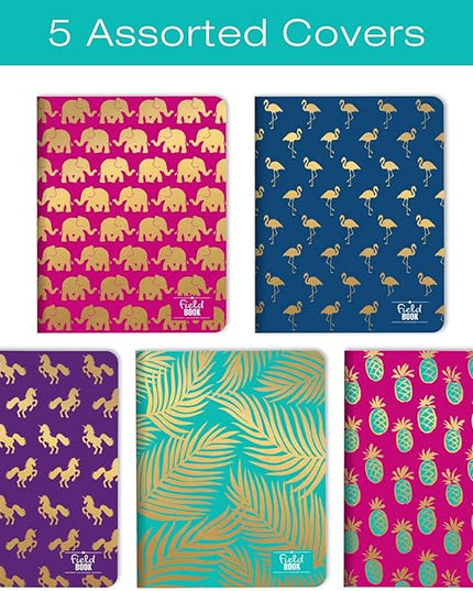 Elan Publishing Company Field Notebook/Journal - 8"x10" - Assorted Patterns Gold Foil - Lined - Pack of 5