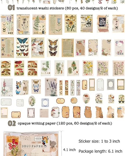 Knaid Vintage Scrapbook Supplies Pack (200 Pieces) for Junk Journal Bullet Journals Planners Botanical Paper Stickers Craft Kits Aesthetic Cottagecore Collage Album (Nature)