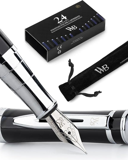 Wordsworth & Black Fountain Pen Set, Medium Nib, Includes 24 Pack Ink Cartridges, Ink Refill Converter & Gift Pouch, Chrome Finish, Calligraphy, [Black Chrome], Perfect for Men & Women