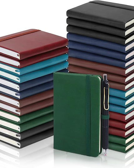 Aodaer 50 Sets Pocket Notebook Journal with Pens, 160 Pages, 3.5 x 5.5 Inch Mini Lined Journal Notebook A6 Leather Hardcover College Ruled Notepad with Pen Holder for School Office, Deep Multicolor