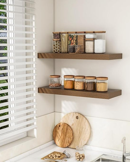 RICHFOCUS 31.5Inch Floating Shelves for Wall 2 Pack Shelves for Bedroom|Kitchen|Bathroom Wall Mounted Rustic Wood Floating Shelf with Invisible Brackets for Books|Storage|Decor, Walnut