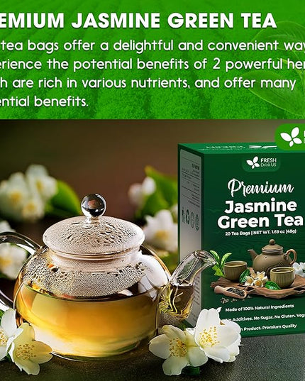FreshDrinkUS, Premium 20 Tea Bags of Jasmine Green Tea, 100% Natural. Exquisite Flavor, Handpicked Leaves, Perfect for Tea Lovers. No Sugar, No Gluten, Vegan.