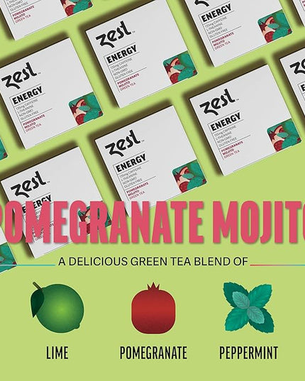 Zest Energy Green Tea – Pomegranate Mojito High Caffeine Tea Bags for Focus & Morning Energy – Natural Caffeinated Tea with 135mg Caffeine – Coffee Substitute – 15Ct Box, Non-GMO & Keto Friendly