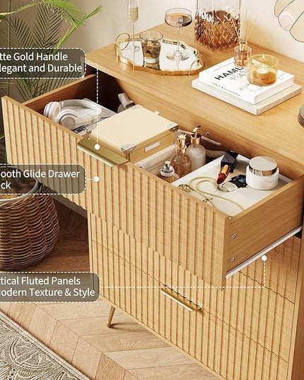 Garvee Fluted Dresser for Bedroom with 4 Drawers,32" Wide Modern Chest of Wooden Bedroom Chest with Metal Handle,Wide Clothes Storage Organizer,Closet Dresser & TV Stand for Living Room,Natura Oak