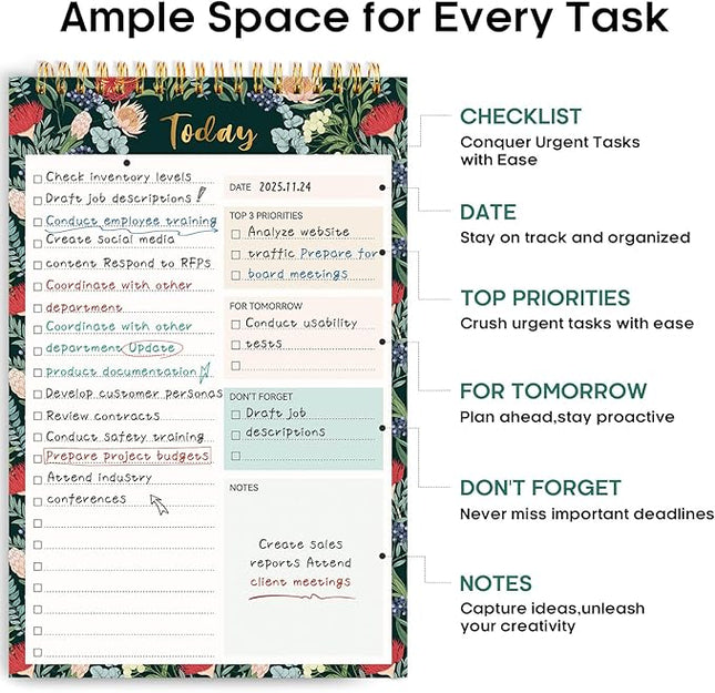 Taja To Do List Notepad - To Do List Notebook for Work with 52 Sheets, 9.8" x 6.5", Undated Daily Planner Perfect for Daily Tasks and Goal Setting, Notepad Suitable for Office, Home & School - Sage Blossom