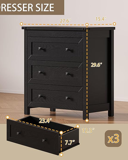 BORNOON 3-Drawer Dresser, Small Wooden Chest of Drawers with Metal Knobs, Water-Resistant Top, Storage Organizer with Anti-Tip Kit for Bedroom, Nursery, Living Room