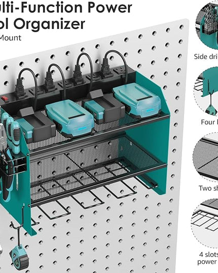 CCCEI Modular Power Tool Organizer Wall Mount with Charging Station. Garage Drill Storage Shelf with Hooks, Heavy Duty Rack, Tool Battery Holder Built in 8 Outlet. Gift for Men. Navy Blue, 2 Pack.