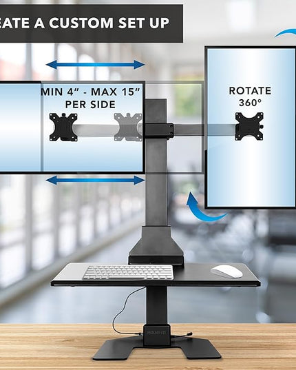 Mount-It! Double Monitor Electric Standing Desk Converter - 2 Screens Stand Up Desk Riser - Height Adjustable Desktop & 2 Mounts for Screens up to 32", Sit-Stand Convertor for Home, Office, School
